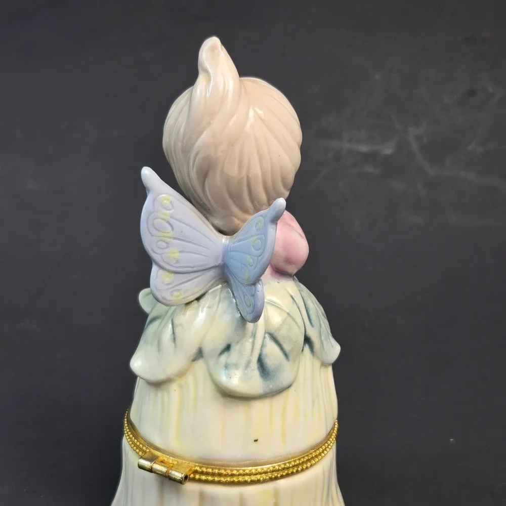 Vintage Porcelain Fairy Hinged Trinket Box Pastel Angel Figurine Gold Tone Clasp